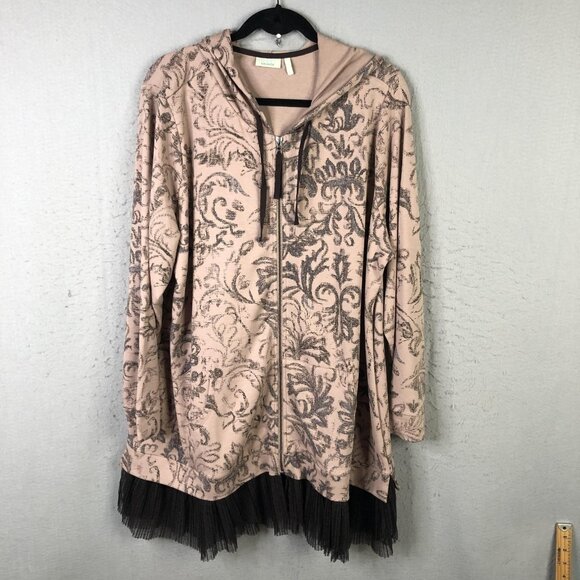 LOGO Lounge Hoodie Womens 2XL Pink Gray Damask Zip Front Pleated Mesh Hem Tunic - Picture 1 of 16